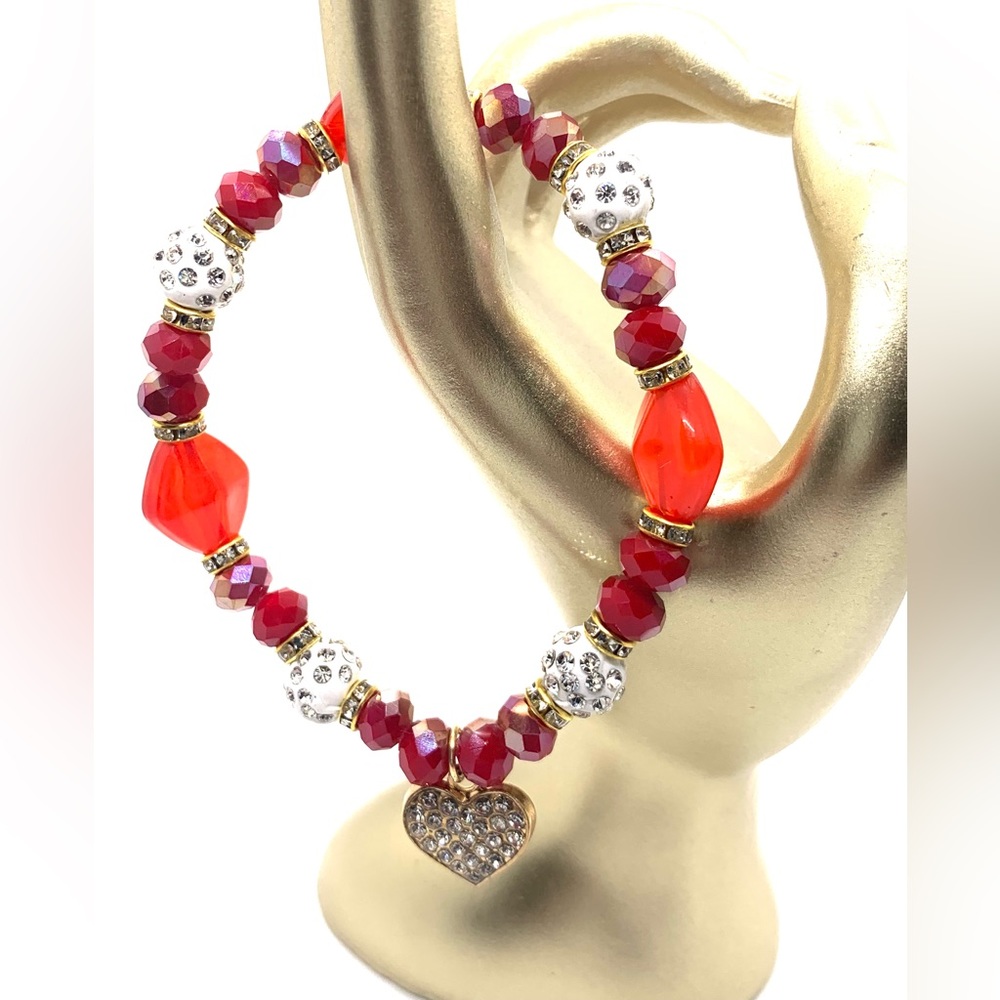 [Love Letters] Shades Of Red Shiny Rhinestone Beaded Bracelet With Gold Charm